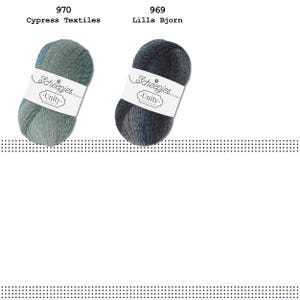 May include: Two skeins of yarn, one in a blue and green colourway and one in a blue and grey colourway. Both skeins are labelled "Scheepjes Unity".
