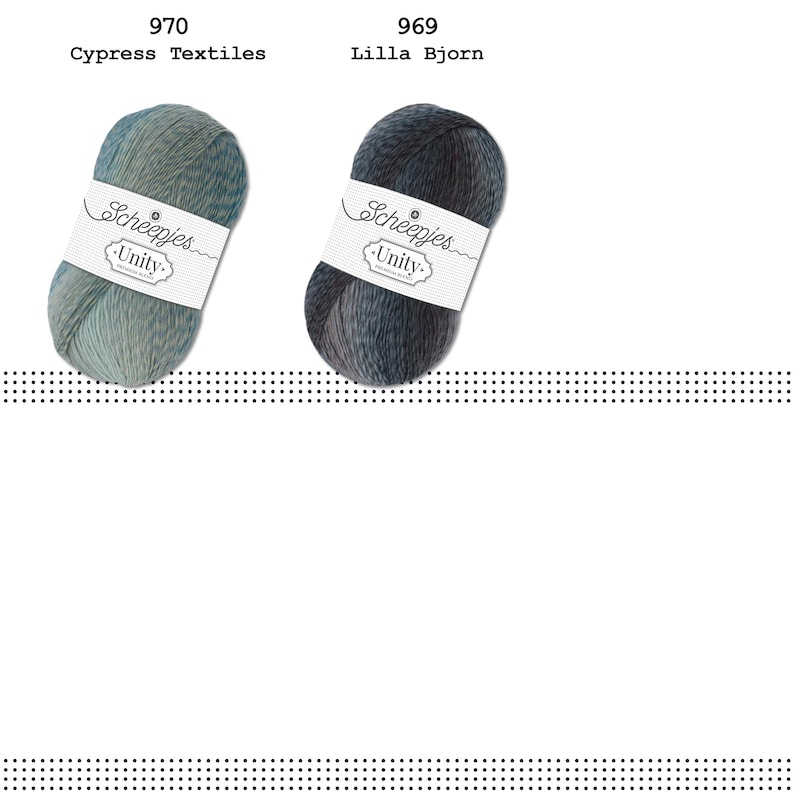 May include: Two skeins of yarn, one in a blue and green colourway and one in a blue and grey colourway. Both skeins are labelled "Scheepjes Unity".