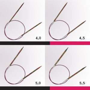 K&ouml;nnte beinhalten: Ein Satz von vier Rundstricknadeln in den Gr&ouml;&szlig;en 4,0 mm, 4,5 mm, 5,0 mm und 5,5 mm. Die Nadeln sind aus Holz und haben ein buntes, mehrfarbiges Muster. Die Nadeln sind in einer kreisf&ouml;rmigen Form dargestellt, wobei die Spitzen der Nadeln auf den Mittelpunkt des Kreises zeigen.