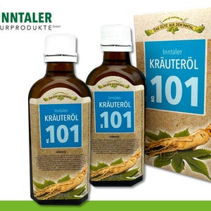 Könnte beinhalten: Zwei braune Glasflaschen Inntaler Kräuteroel Nr. 101 Kräuteröl, jede mit einem weißen Etikett und einer Ginsengwurzel-Illustration. Die Flaschen sind jeweils 100 ml.