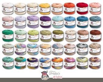 Könnte beinhalten: Eine Sammlung von 36 Garnknäuel in verschiedenen Farben, darunter Rosa, Blau, Grün, Gelb, Orange, Rot und Braun. Jedes Knäuel trägt ein Etikett mit der Aufschrift "Frida's #14te".