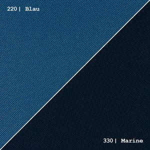 May include: Two fabric swatches, one blue and one dark blue, with the numbers 220 and 330 and the words "Blau" and "Marine" printed below each swatch.