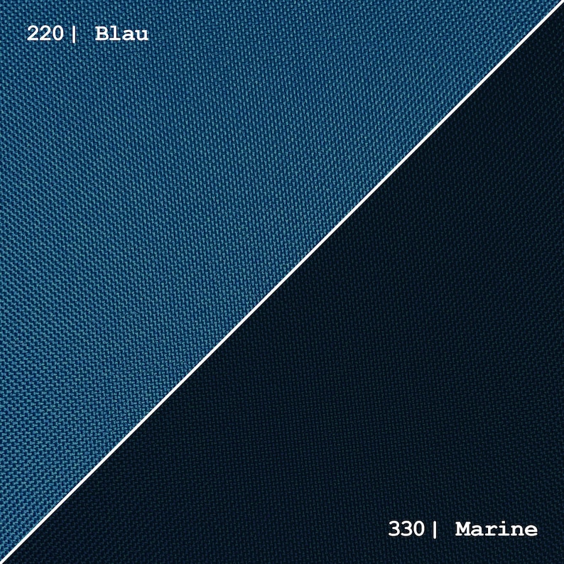 May include: Two fabric swatches, one blue and one dark blue, with the numbers 220 and 330 and the words "Blau" and "Marine" printed below each swatch.