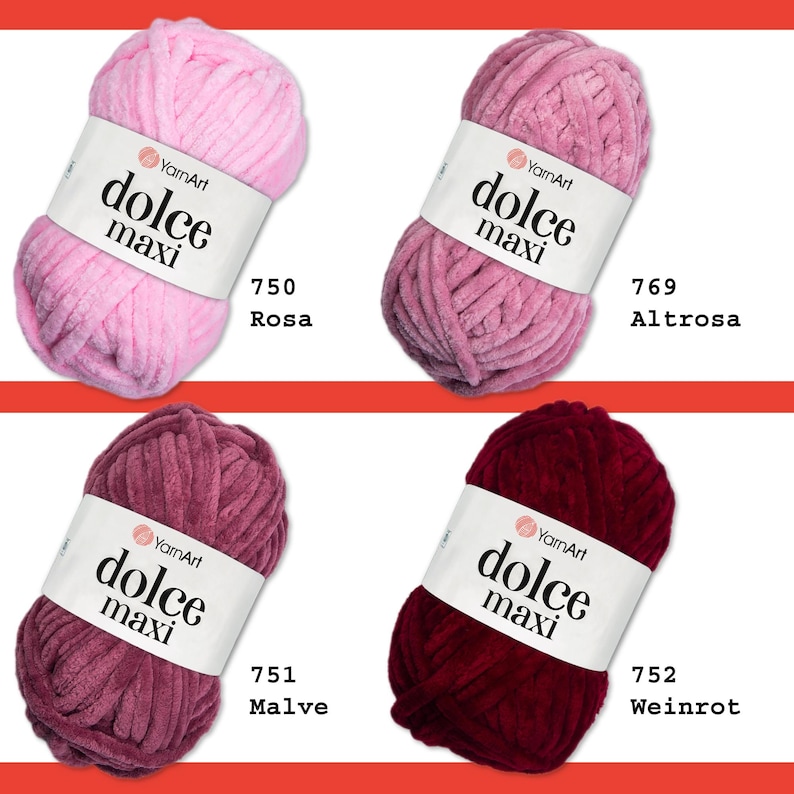 May include: Four skeins of YarnArt Dolce Maxi yarn in different colors: pink, rose, mauve, and burgundy. The yarn is a soft, fluffy texture and is perfect for crocheting or knitting.