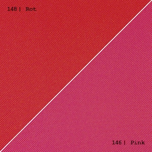 May include: Two fabric swatches, one red and one pink, with the numbers 148 and 146 and the words "Rot" and "Pink" printed below each swatch.
