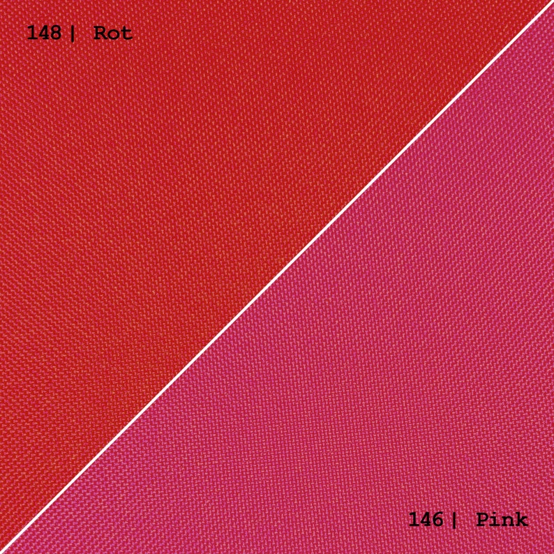 May include: Two fabric swatches, one red and one pink, with the numbers 148 and 146 and the words "Rot" and "Pink" printed below each swatch.
