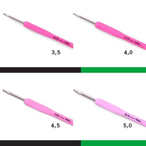 May include: Four pink crochet hooks with metal tips. The hooks are labeled with their size and brand: 6/0 3.50mm Tulip, 7/0 4.00mm Tulip, 7.5/0 4.50mm Tulip, and 8/0 5.00mm Tulip.