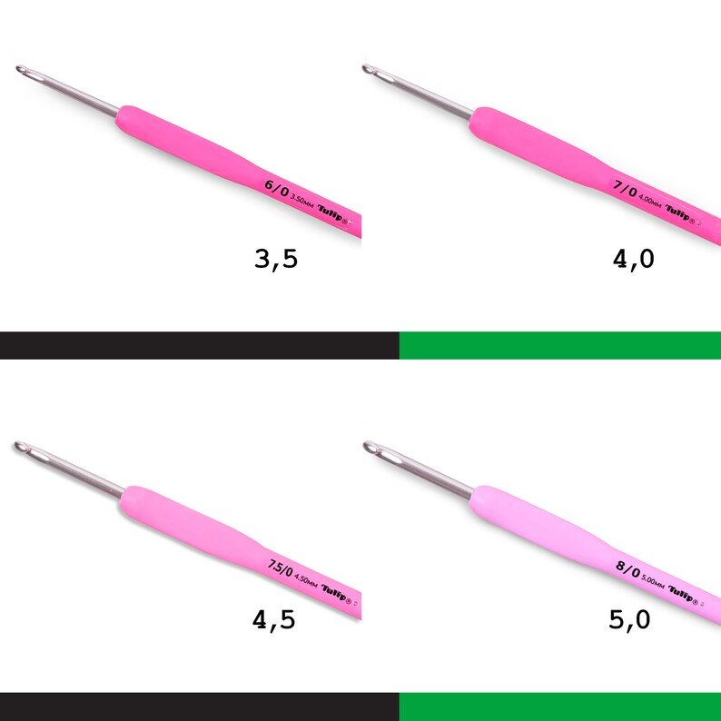 May include: Four pink crochet hooks with metal tips. The hooks are labeled with their size and brand: 6/0 3.50mm Tulip, 7/0 4.00mm Tulip, 7.5/0 4.50mm Tulip, and 8/0 5.00mm Tulip.