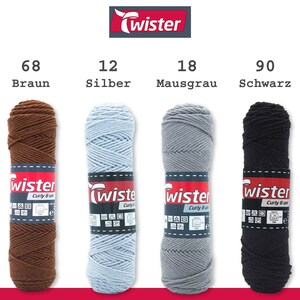 May include: Four skeins of yarn in different colors: brown, light blue, gray, and black. Each skein has a label that says "Twister Curly 8 uni".