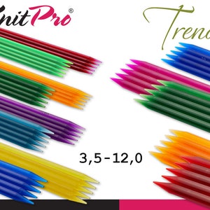 Könnte beinhalten: KnitPro Trendz austauschbare Stricknadeln in verschiedenen Farben, darunter Rot, Grün, Orange, Lila, Blau und Gelb. Die Nadeln sind in Reihen angeordnet und mit den Größen 3, 5-12, 0 beschriftet.