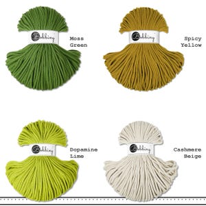 May include: Four skeins of Bobbiny cord arranged in a grid. The colors are labeled as Moss Green, Spicy Yellow, Dopamine Lime, and Cashmere Beige. Each skein is wrapped with a white paper band featuring the Bobbiny logo in black text.