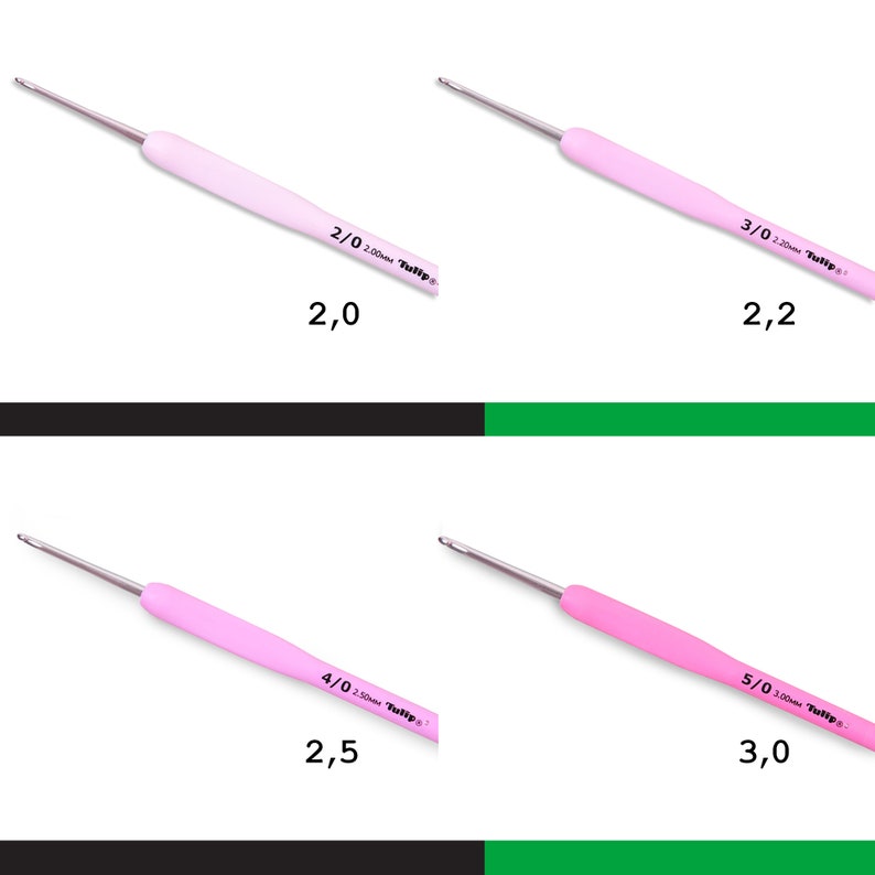 May include: Four pink crochet hooks with silver tips. The hooks are labeled with their size and the brand "Tulips". The sizes are 2.00mm, 2.20mm, 2.50mm, and 3.00mm.