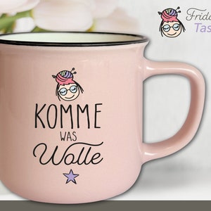 Frida&#39;s Mug with Saying #3 &quot;Come what wool&quot; Motif Mug Pink Vintage Knitting Crochet Gift 330 ml