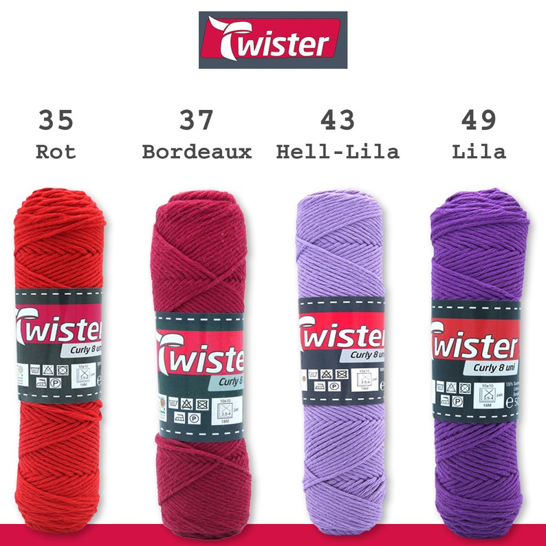 May include: Four skeins of yarn in different colors: red, burgundy, light purple, and purple. The yarn is labeled "Twister Curly 8 uni" and has care instructions on the label.