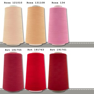 May include: Six spools of thread in different colors. The spools are labeled with the color name and a number. The colors are: Rosa 121010 (light pink), Rosa 131108 (peach), Rosa 134 (pink), Rot 181755 (burgundy), Rot 181763 (red), and Rot 191761 (dark red).