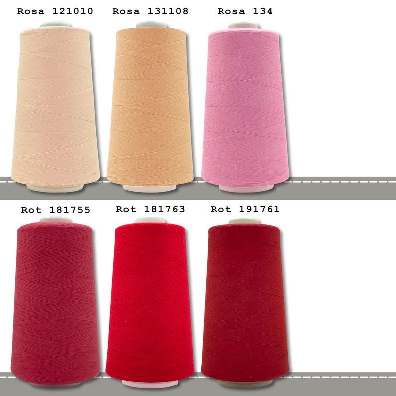 May include: Six spools of thread in different colors. The spools are labeled with the color name and a number. The colors are: Rosa 121010 (light pink), Rosa 131108 (peach), Rosa 134 (pink), Rot 181755 (burgundy), Rot 181763 (red), and Rot 191761 (dark red).