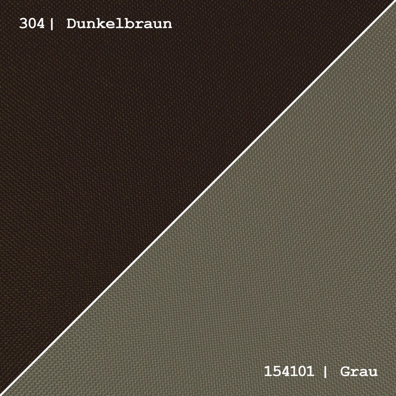 May include: Two fabric swatches, one dark brown and one light gray. The swatches are labeled with their corresponding color codes and names: 304 | Dunkelbraun and 154101 | Grau.