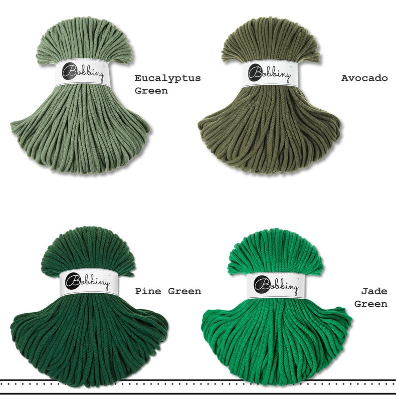 May include: Four bundles of Bobbiny cord in shades of green. Each bundle is secured with a white paper band featuring the Bobbiny logo. The colors are labeled as Eucalyptus Green, Avocado, Pine Green, and Jade Green, arranged in a grid layout.