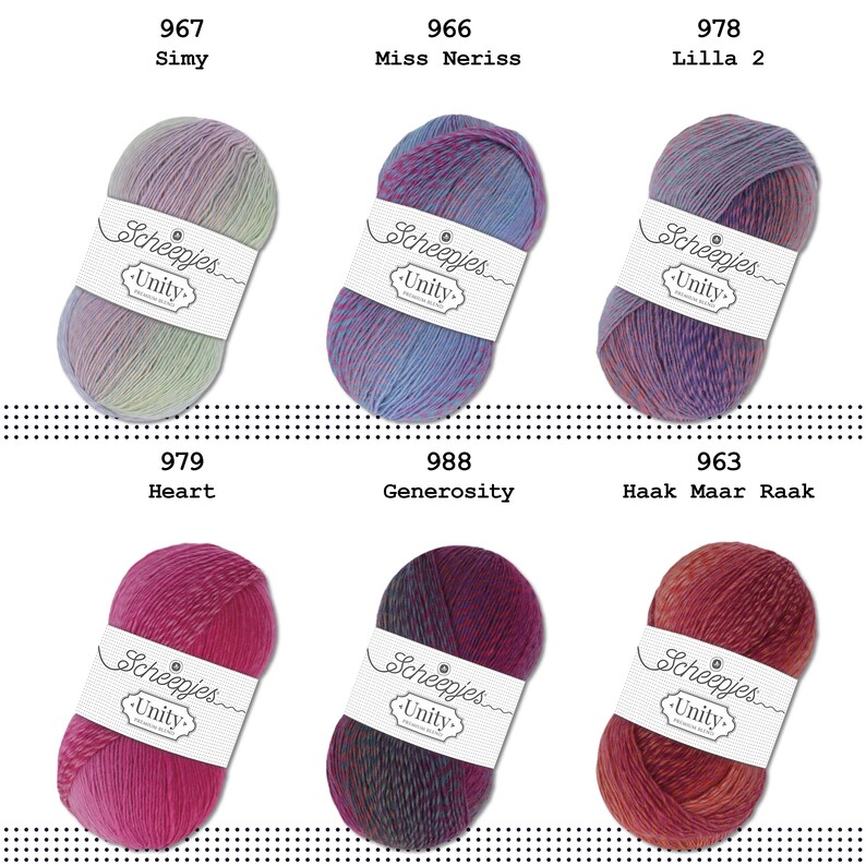 May include: Assortment of Scheepjes Unity yarn skeins in various colours, including purple, blue, pink, and red. Each skein has a white label with the Scheepjes Unity logo.
