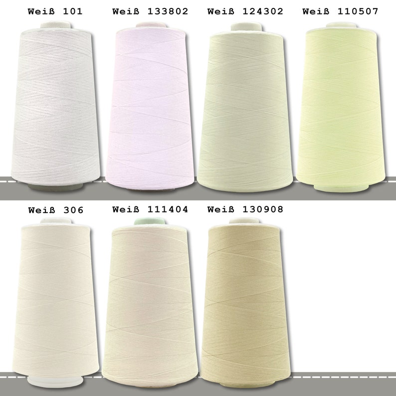 May include: Six spools of white thread in various shades of white, beige, and cream. The spools are labeled with the text "Wei&szlig;" and a number.