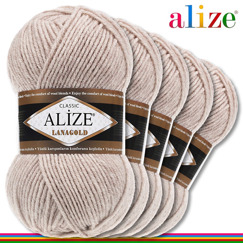 Alize 5 x 100 g Lanagold PREMIUM wool 49 percent wool and 51 percent acrylic 585 stone Handmade