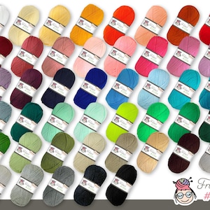 Può includere: Una collezione di 36 gomitoli di lana in vari colori, tra cui rosso, blu, verde, giallo e viola. La lana è disposta in file ed è pronta per essere utilizzata per progetti di maglia o uncinetto.