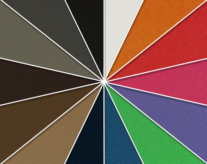 May include: A color palette fan featuring a variety of fabric swatches. The swatches radiate from a central point, showcasing shades of black, brown, tan, orange, red, pink, green, and blue. Each swatch is separated by a white line.