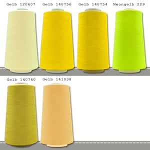 May include: Six spools of thread in various shades of yellow, including neon yellow, light yellow, and dark yellow. The spools are labeled with the color name and a number.