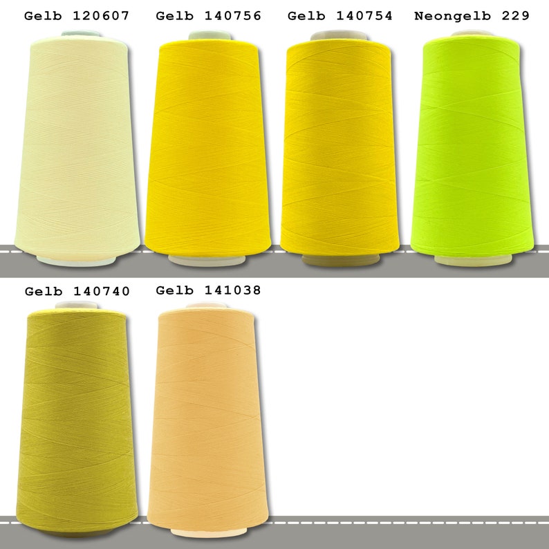 May include: Six spools of thread in various shades of yellow, including neon yellow, light yellow, and dark yellow. The spools are labeled with the color name and a number.