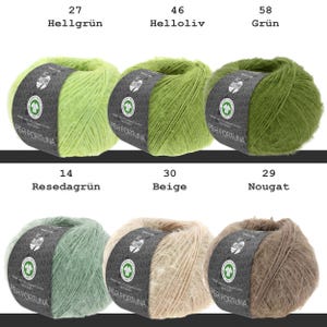 May include: Six balls of Per Fortuna yarn arranged in two rows. Top row: light green (27), light olive (46), and green (58). Bottom row: reseda green (14), beige (30), and nougat (29). Each ball features a black paper label with white text.
