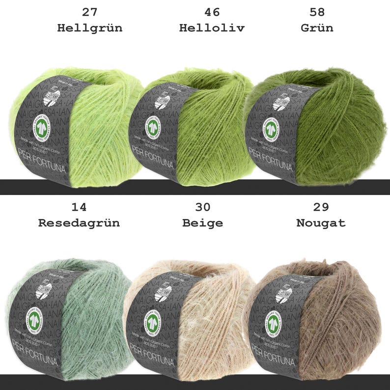 May include: Six balls of Per Fortuna yarn arranged in two rows. Top row: light green (27), light olive (46), and green (58). Bottom row: reseda green (14), beige (30), and nougat (29). Each ball features a black paper label with white text.