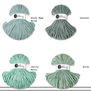 May include: Four skeins of Bobbiny cotton cord arranged in a grid. The colors are labeled Duck Egg Blue, Laurel, Jelly Mint, and Aloe. Each skein is secured with a white paper band featuring the Bobbiny logo in black script text.