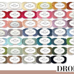 May include: A collection of 36 skeins of yarn in various colors. Each skein is labeled "DROPS Cotton Light" and has a color number.