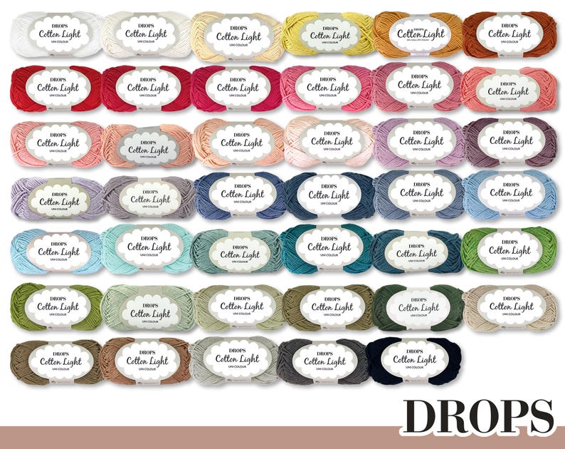May include: A collection of 36 skeins of yarn in various colors. Each skein is labeled "DROPS Cotton Light" and has a color number.