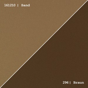 May include: Two fabric swatches, one is a light brown color labeled "161210 | Sand" and the other is a darker brown color labeled "296 | Braun".