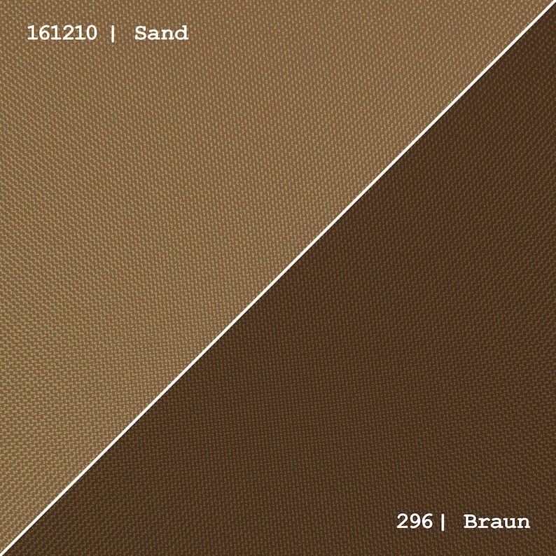 May include: Two fabric swatches, one is a light brown color labeled "161210 | Sand" and the other is a darker brown color labeled "296 | Braun".