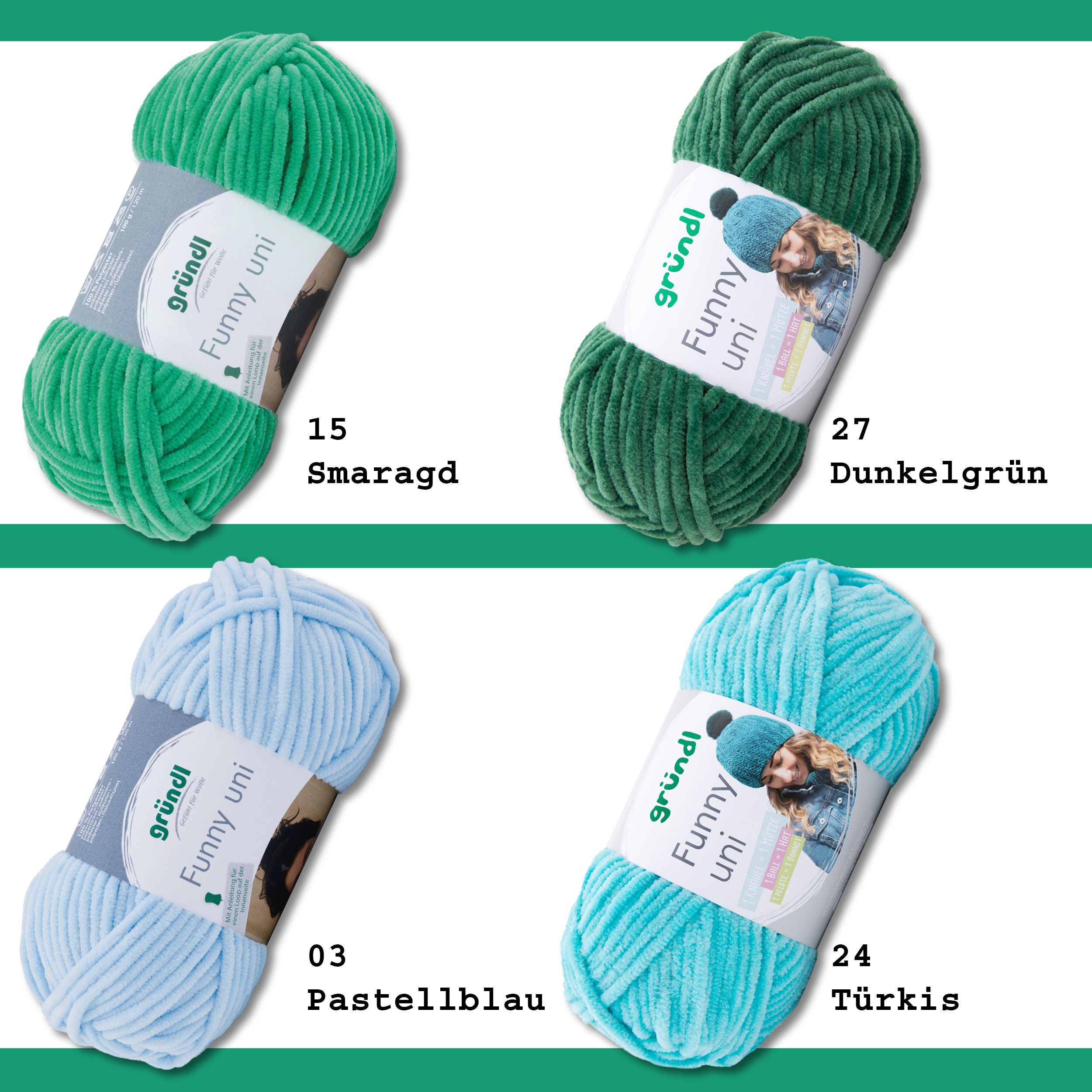 Gründl Wolle Funny Uni Laine Chenille Verte Foncée - 2 Pelotes 100g/120m Aiguilles 5-6