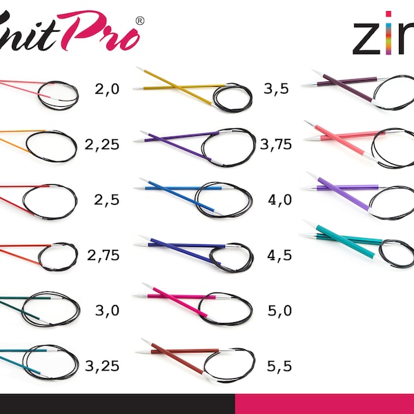KnitPro Zing circular knitting needles 40 cm smooth surface slightly different colors 16 sizes