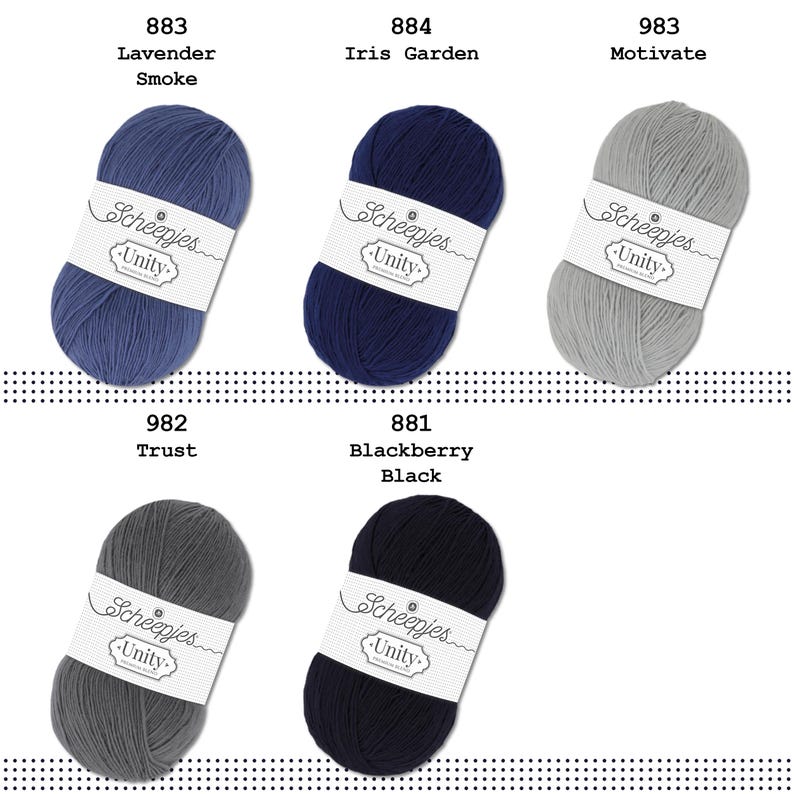 May include: Six balls of Scheepjes Unity yarn in a variety of colours, including lavender smoke, iris garden, motivate, trust, blackberry black, and a darker blue. Each ball has a white label with the Scheepjes Unity logo.
