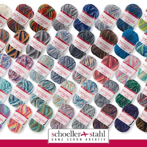 May include: A collection of 36 colourful yarn skeins with a variety of patterns and colours. The yarn is labelled "Fortissima Color" and "Schoeller+Stahl Ganz Schon Kreativ".
