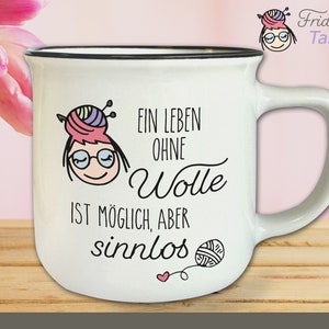 Frida&#39;s mug with saying #1 &quot;A life without wool is possible, but pointless!&quot; motif mug vintage knitting crochet gift 330 ml