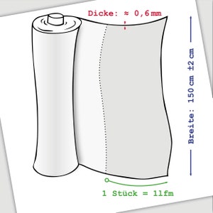 May include: A white roll of fabric with a black outline. The roll is 150 cm wide and 0.6 mm thick. The text "1 St&uuml;ck = 11lfm" is written in green below the roll.