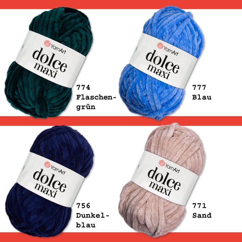 May include: Four skeins of YarnArt Dolce Maxi yarn in different colors: dark green, blue, dark blue, and light brown. The yarn is a soft, fuzzy texture. Each skein has a label with the YarnArt logo and the text "dolce maxi". The labels also include the color number and name.