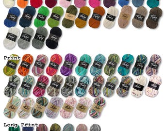 May include: A collection of Drops Fabel yarn skeins arranged in rows, categorized as Uni Color, Print, and Long Print. Each skein features a black paper label with the text Fabel. The yarn colors include solid shades, variegated patterns, and multi-colored blends.