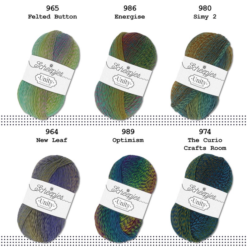 May include: Six skeins of Scheepjes Unity yarn in different colour combinations. The yarn is a variegated blend of green, blue, brown, and yellow. The skeins are labelled with the yarn name and the colourway name.