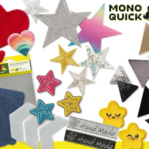 May include: A collection of decorative patches in various shapes and colors. Includes red hearts, embroidered stars in pink, gold, and blue, and sequined stars. Also features patches with the text "Hand Made" and the brand name "Mono Quick".