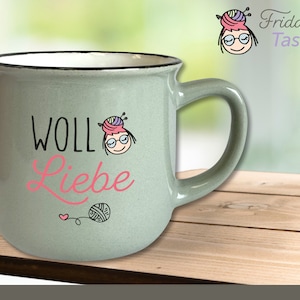 Copo Frida com dizer #4 &quot;WOLL-Liebe&quot; copo cinza vintage tricô crochê presente 330 ml