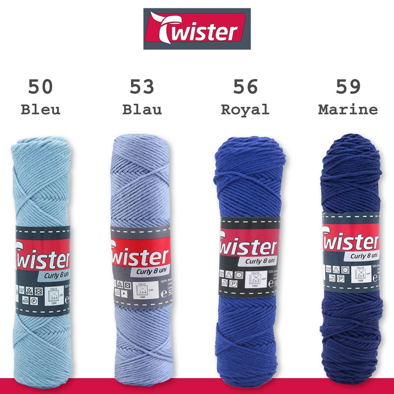 May include: Four skeins of yarn in different colors: light blue, medium blue, dark blue, and navy blue. Each skein is labeled "Twister Curly 8 uni".