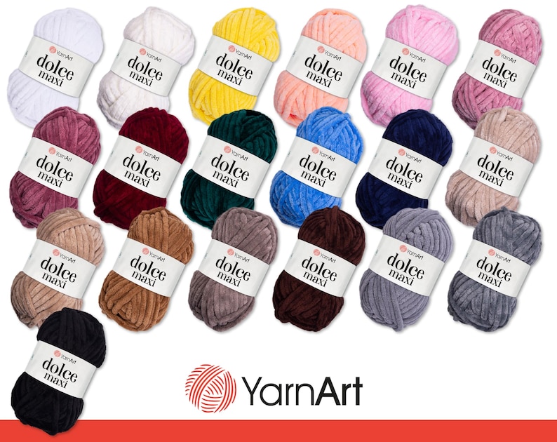 May include: A collection of 18 skeins of yarn in various colors, including black, white, red, blue, green, yellow, and brown. Each skein is labeled "YarnArt Dolce Maxi".
