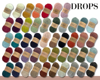 May include: A collection of 36 skeins of yarn in various colors, each labeled "Alpaca" and "DROPS".